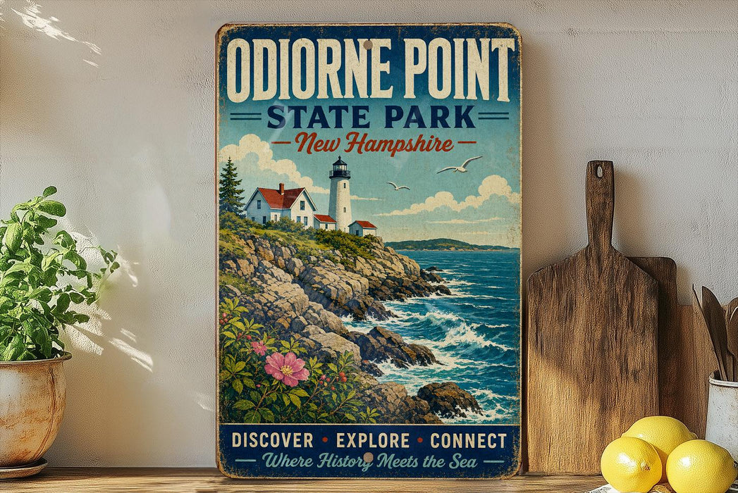A vintage-style sign for Odionne Point State Park in New Hampshire, featuring a lighthouse and a coastal landscape with waves crashing against the rocks.
