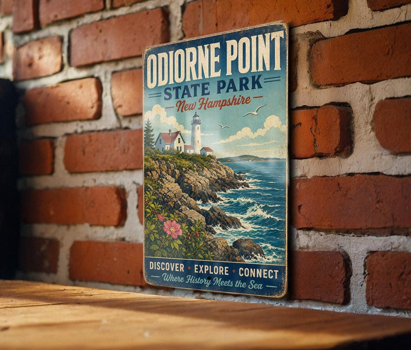 A vintage-style sign for Odionne Point State Park in New Hampshire, featuring a lighthouse and a coastal landscape.