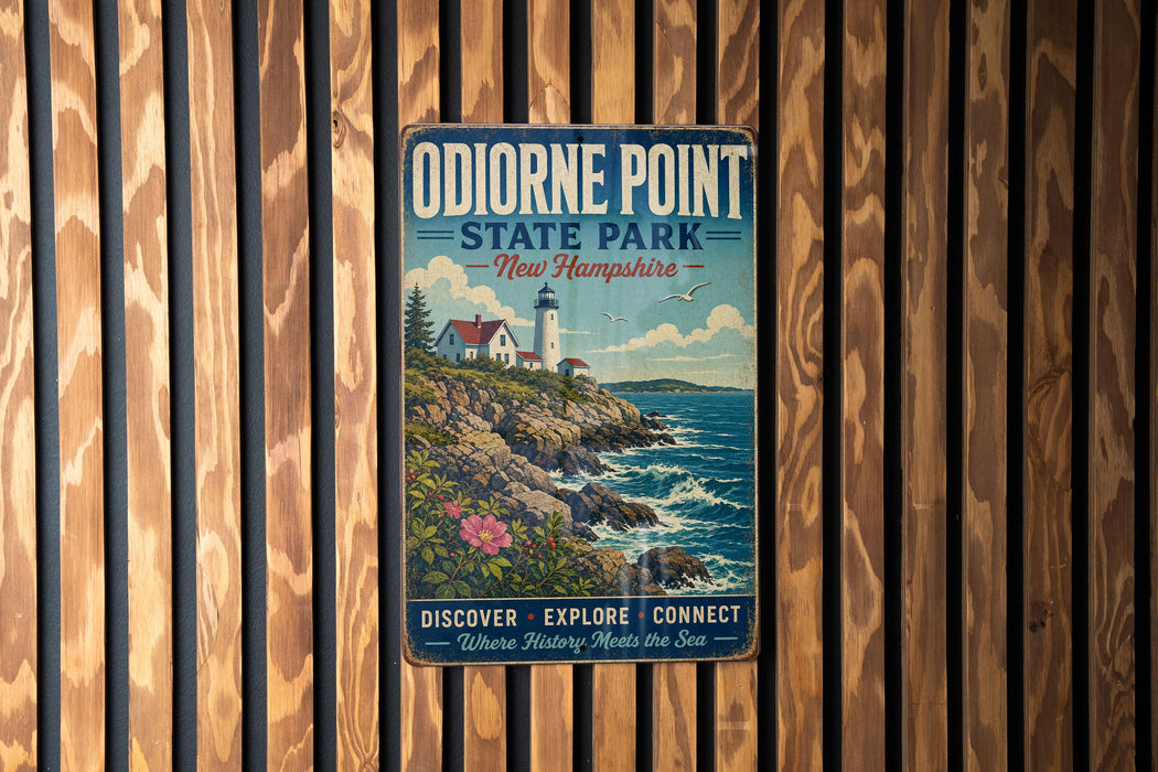 A vintage metal sign for Odionne Point State Park in New Hampshire, featuring a lighthouse and a coastal landscape.