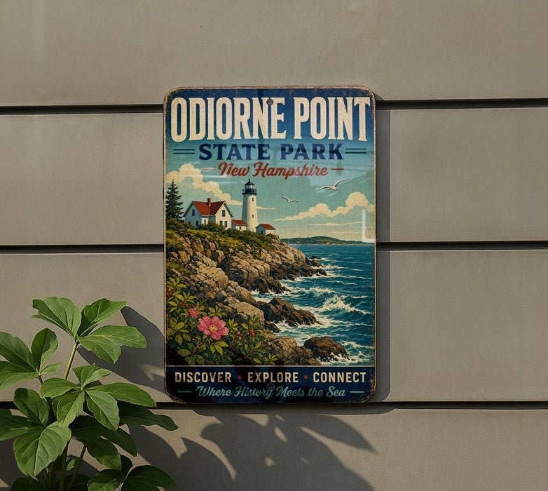 A vintage-style sign for Odionne Point State Park in New Hampshire, featuring a lighthouse and a coastal landscape.