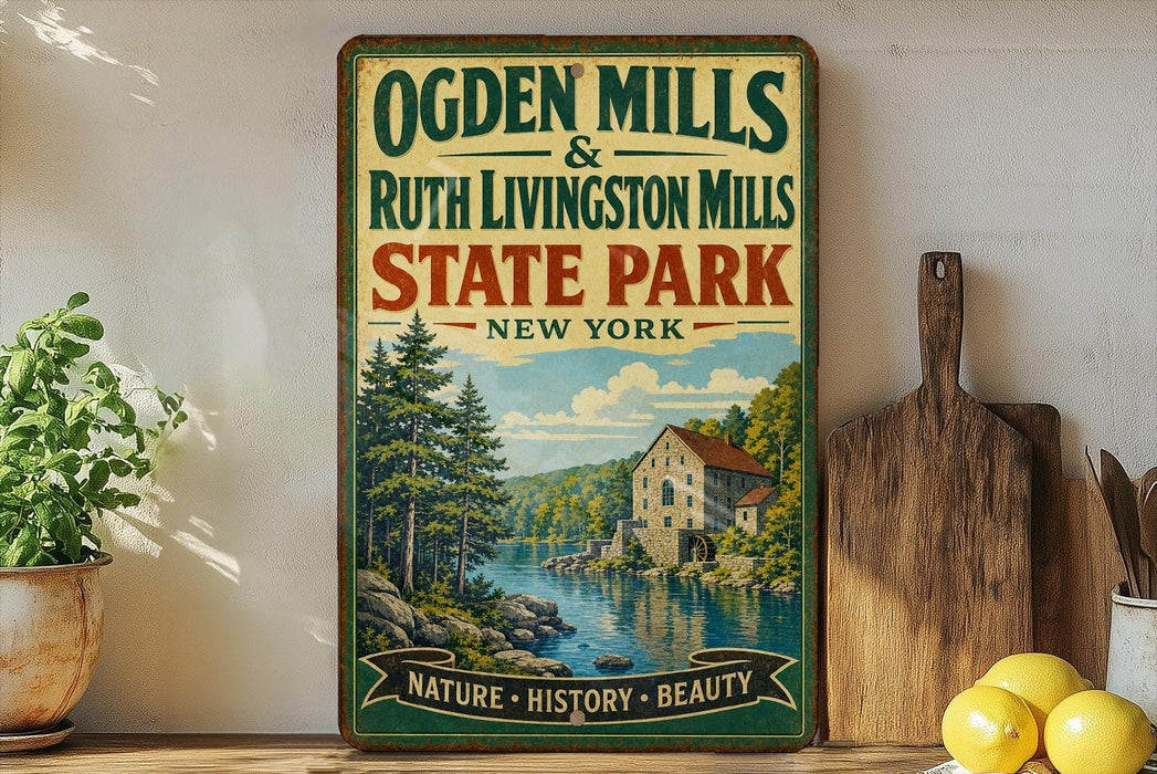 A vintage-style sign for Ogden Mills & Ruth Livingston Mills State Park in New York, featuring a scenic illustration of a river and forest.