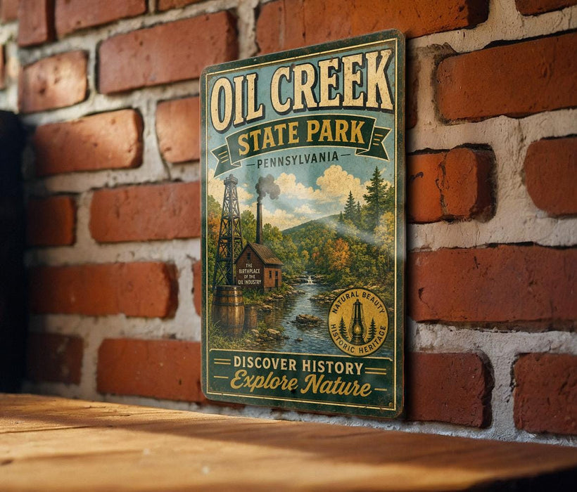 A vintage-style metal sign for Oil Creek State Park in Pennsylvania, featuring a scenic illustration of a river, a mill, and a forest.