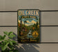 a vintage-style sign for Oil Creek State Park in Pennsylvania, with a scenic illustration of a river, a steam tower, and a forest.