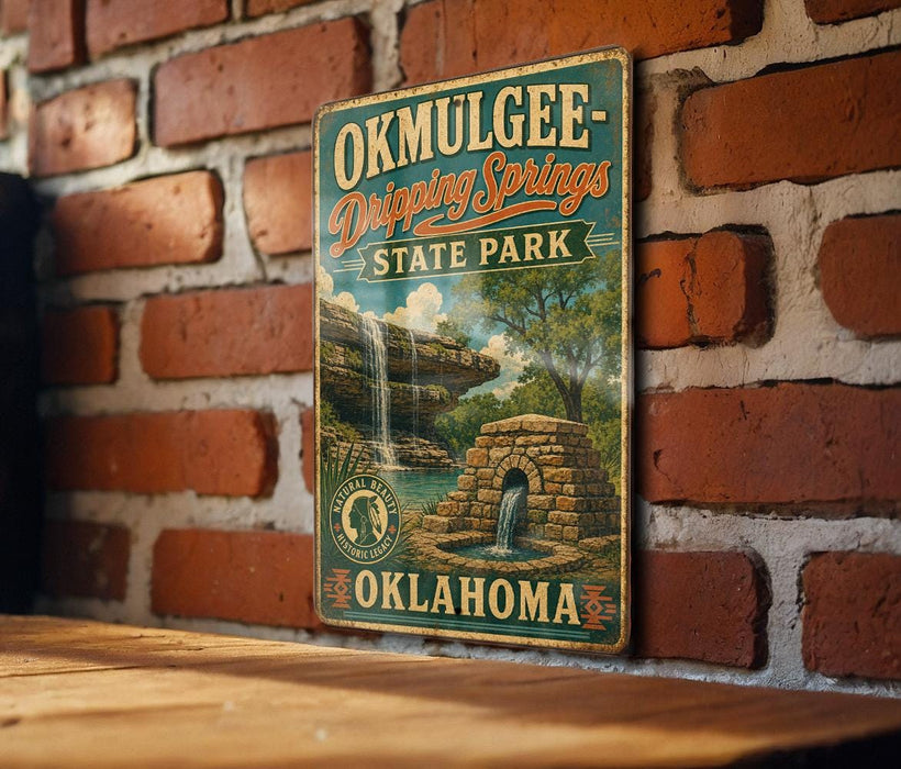 A vintage-style sign for Okmulgee-Drip Springs State Park in Oklahoma, featuring a scenic illustration of the park's natural beauty.