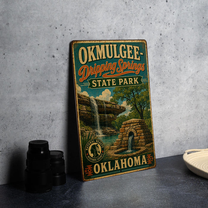 A vintage-style metal sign for Oklahoma Dripking Springs State Park, featuring a waterfall and a stone structure, is displayed on a gray countertop next to a stack of black camera lenses.
