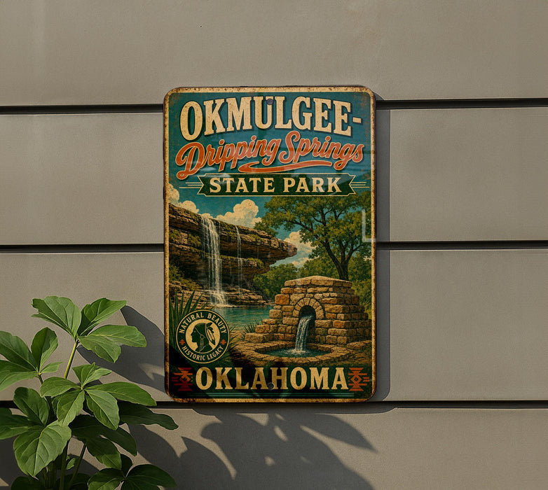 A vintage-style sign for Okmulgee-Drip Springs State Park in Oklahoma, featuring a waterfall and a stone structure.