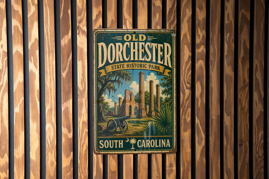 A vintage-style metal sign for Dorchester State Historic Park in South Carolina, featuring an illustration of a cannon and a tropical landscape.