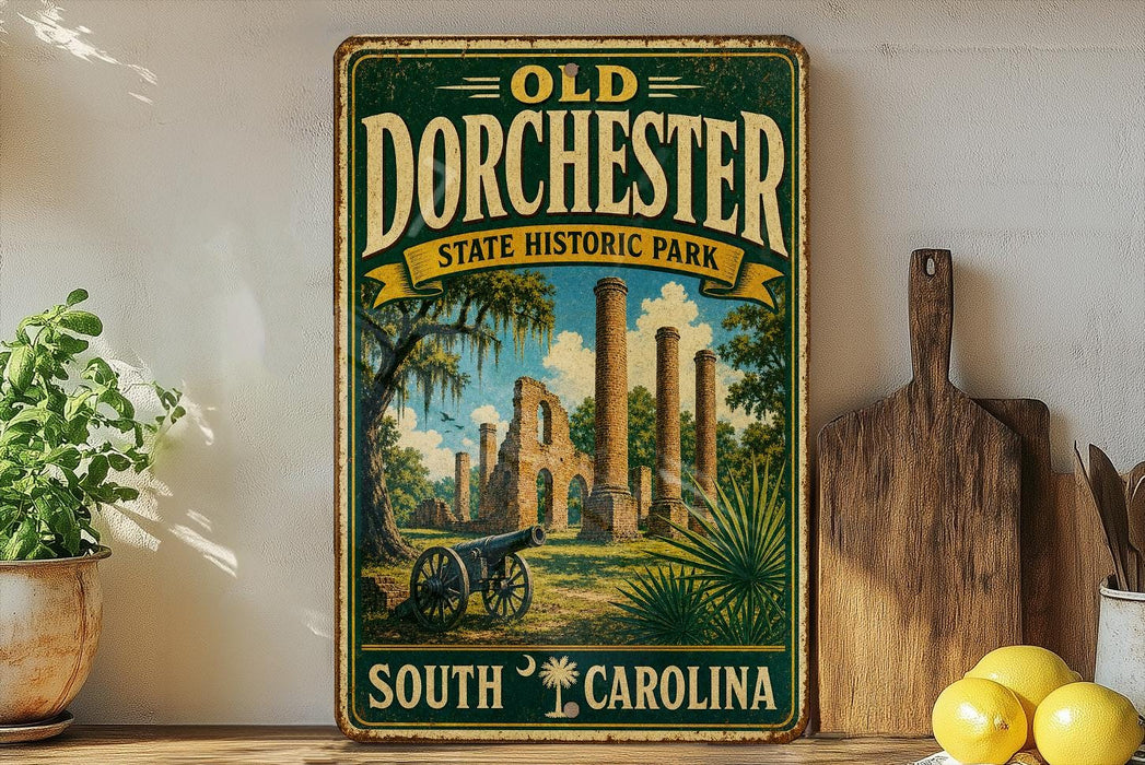 a vintage-style sign for Old Dorchester State Historic Park in South Carolina, with a painting of a cannon and ruins in the background.