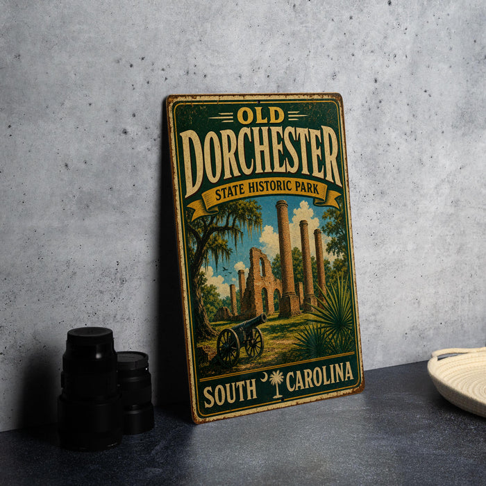 A vintage metal sign for Old Dorchester State Historic Park in South Carolina, featuring an illustration of the park's ruins and palm trees.