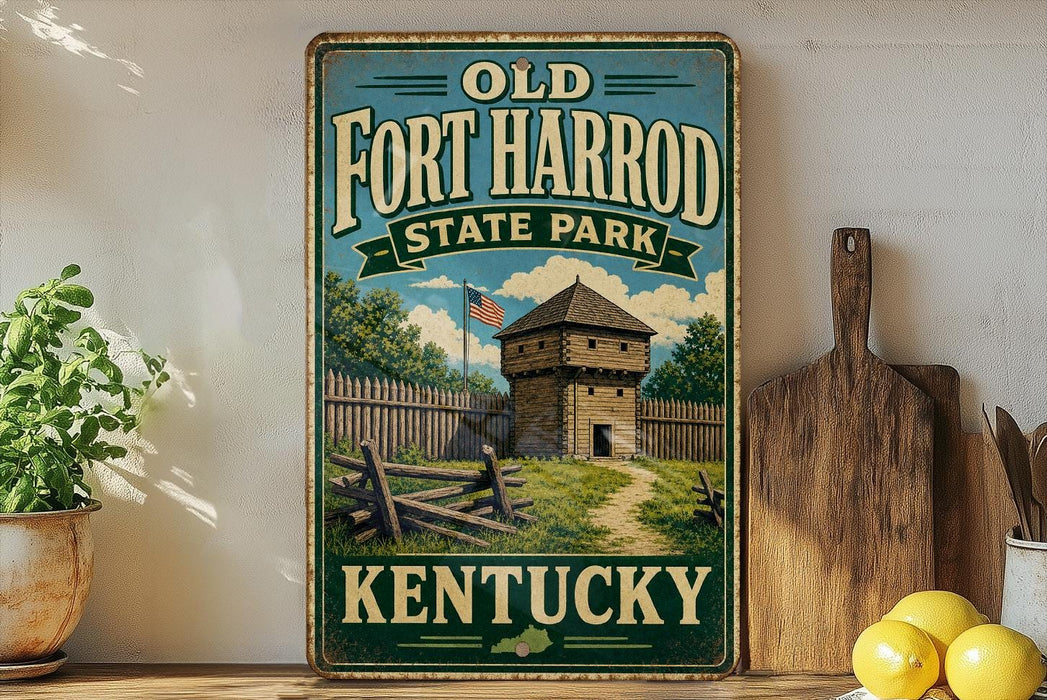 A vintage-style sign for Old Fort Harrod State Park in Kentucky, featuring a wooden fort and a path leading to the entrance.