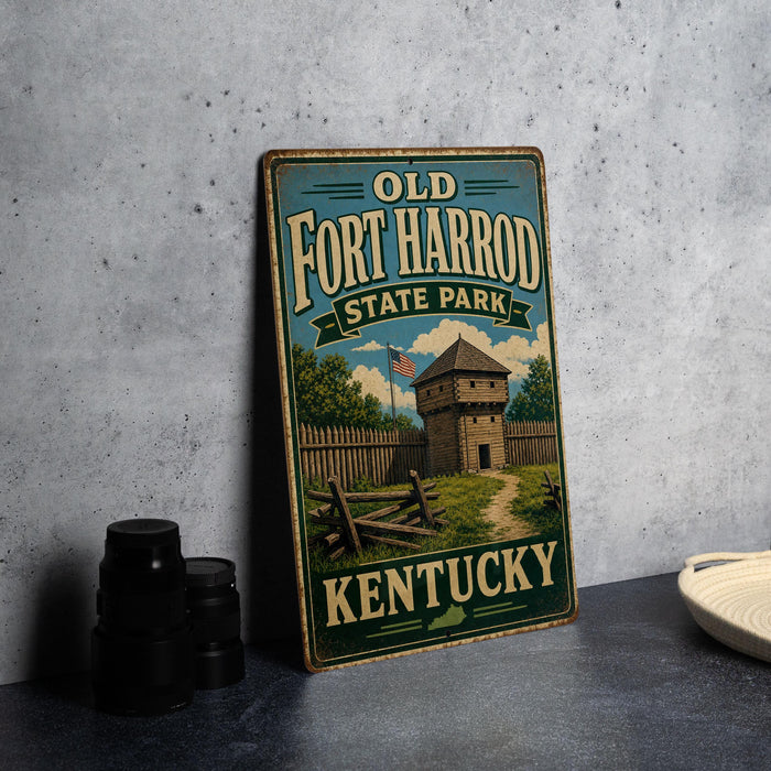 A vintage-style sign for Old Fort Harrod State Park in Kentucky, featuring an illustration of a fort and a wooden fence.
