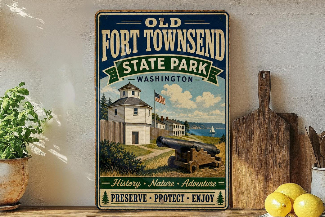 a vintage-style sign for Old Fort Townsend State Park in Washington, with a picture of the fort and surrounding landscape.