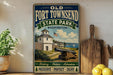 a vintage-style sign for Old Fort Townsend State Park in Washington, with a picture of the fort and surrounding landscape.