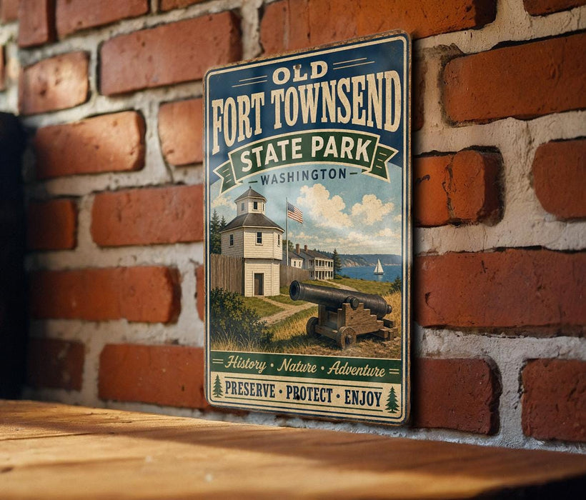 A vintage-style metal sign for Fort Towsend State Park in Washington, featuring an illustration of a historic building and cannon, mounted on a brick wall.