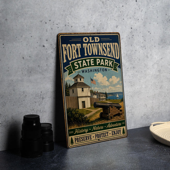 a vintage-style metal sign for Fort Townsend State Park in Washington, with a picture of a cannon and a building, along with the text "Old Fort Townsend State Park Washington" and "History, Nature, Adventure".