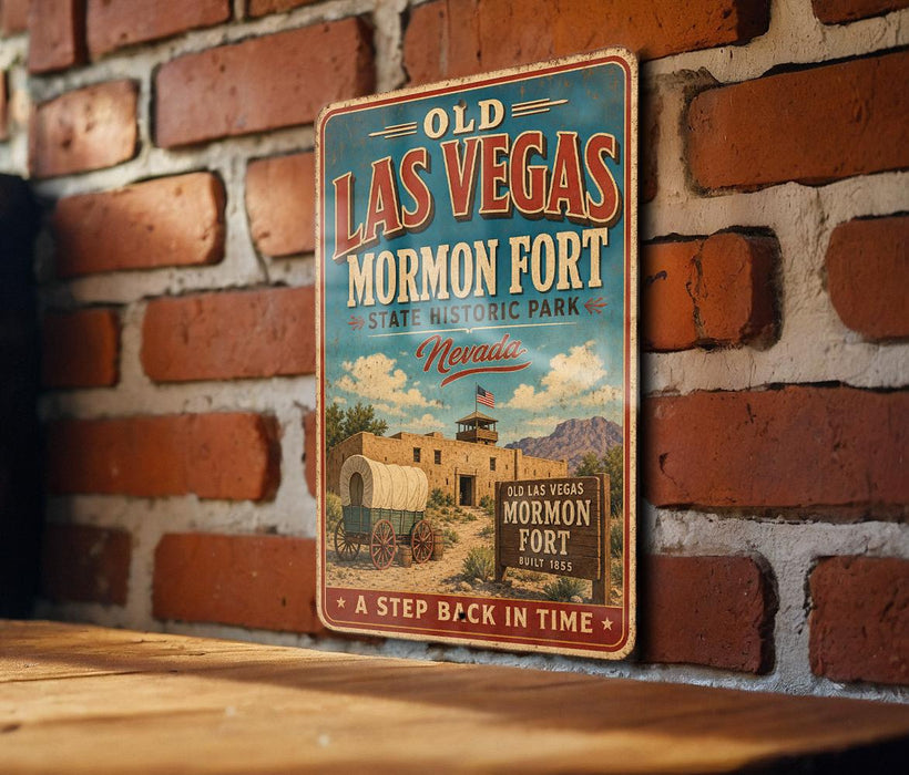 A vintage-style metal sign for Old Las Vegas Mormon Fort in Nevada, featuring an illustration of a wagon and a sign that says "A STEP BACK IN TIME".
