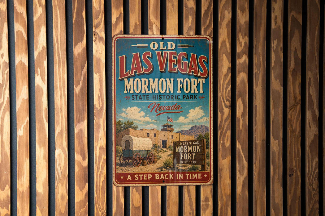 A vintage-style metal sign for the Mormon Fort in Las Vegas, Nevada, featuring a wagon and a building in the background.