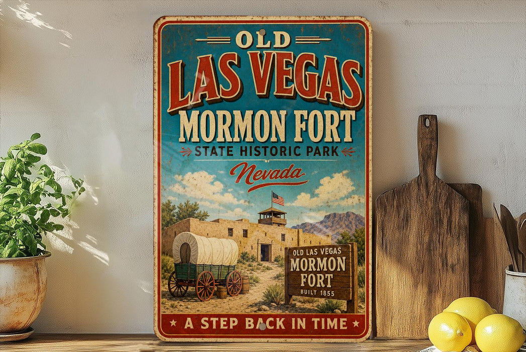 A vintage-style sign for Old Las Vegas Mormon Fort, Nevada, featuring a wagon and a desert landscape, is displayed on a shelf next to a wooden cutting board and some lemons.