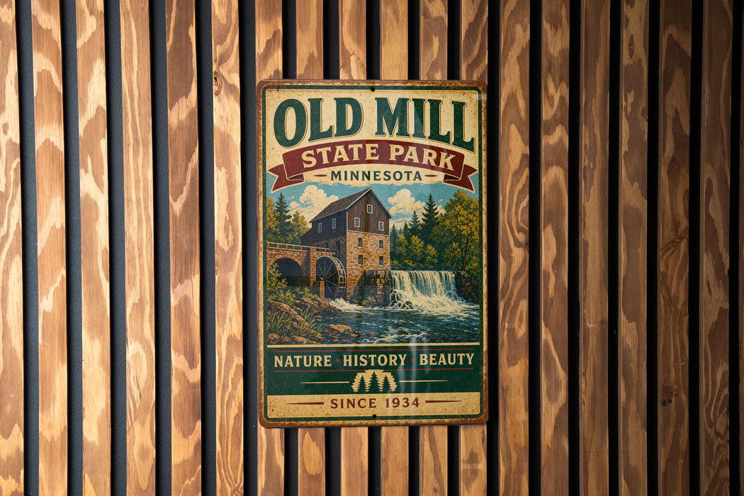a vintage-style metal sign for Old Mill State Park in Minnesota, with a scenic illustration of a waterfall and a building.