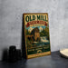 A vintage-style metal sign for Old Mill State Park in Minnesota, featuring an illustration of a mill and waterfall.