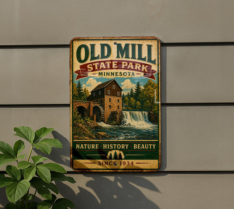 a vintage-style metal sign for Old Mill State Park in Minnesota, depicting a waterfall and a building.