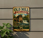 a vintage-style metal sign for Old Mill State Park in Minnesota, depicting a waterfall and a building.