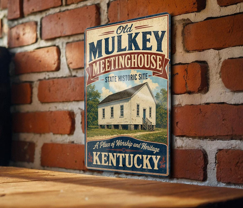 A vintage-style sign for the Old Mulkey Meetinghouse, a historic site in Kentucky, featuring a picture of the building and the text "Old Mulkey Meetinghouse State Historic Site".