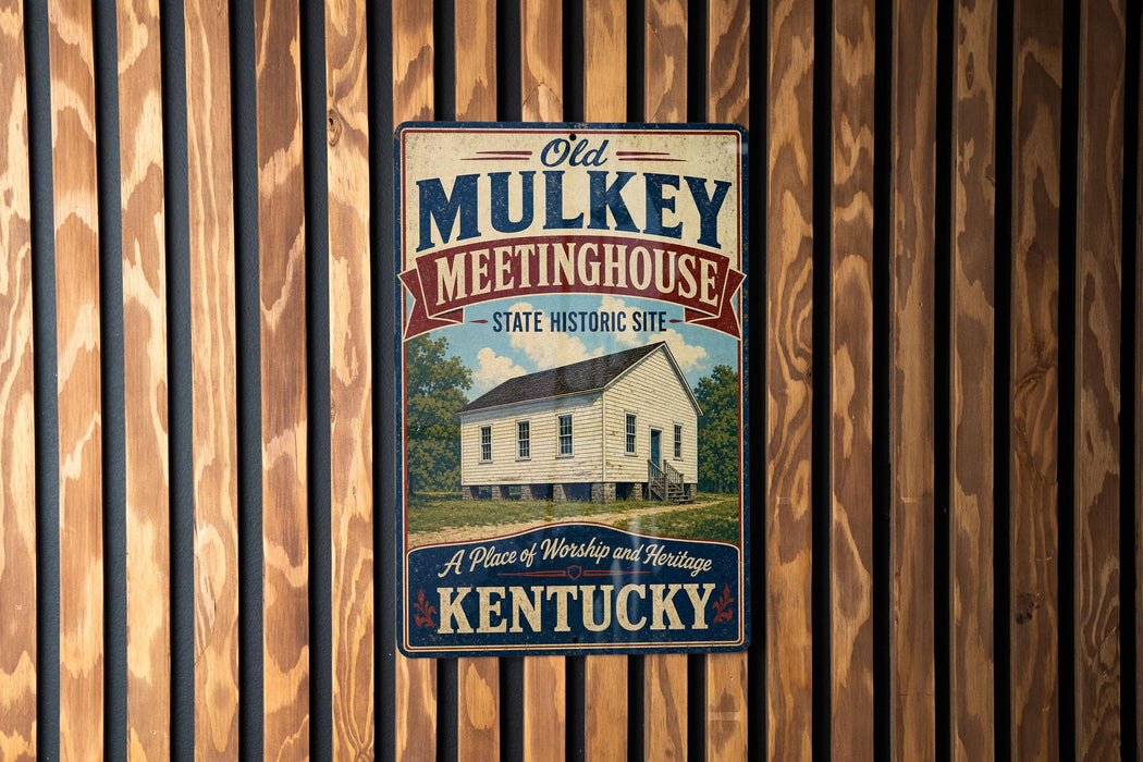 A vintage-style metal sign for the Old Mulkey Meetinghouse, a historic site in Kentucky, is displayed on a wooden wall.