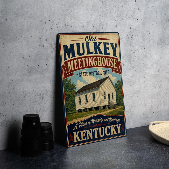 A vintage-style sign for the Old Mulkey Meetinghouse, a historic site in Kentucky, featuring a photograph of the building and the text "Old Mulkey Meetinghouse State Historic Site" and "A Place of Worship and Heritage Kentucky".