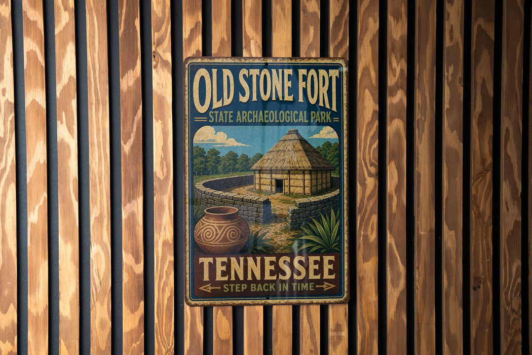 A vintage-style metal sign for Old Stone Fort State Archaeological Park in Tennessee, featuring a wooden fence and a depiction of a hut with a thatched roof.
