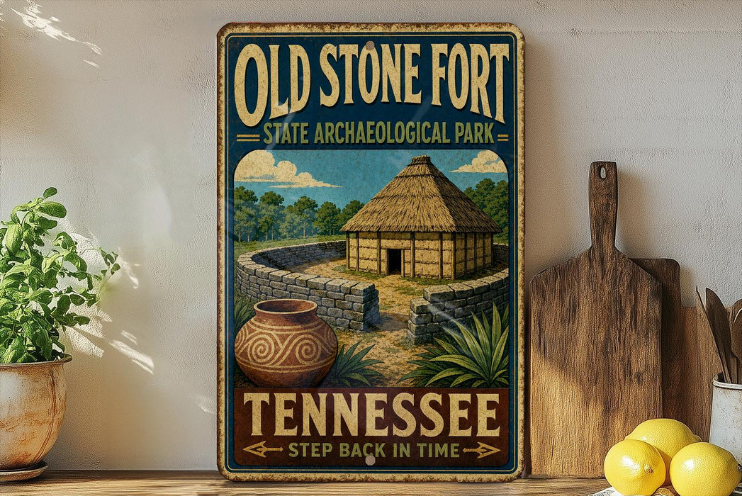 A vintage-style sign for Old Stone Fort State Archaeological Park in Tennessee, featuring a depiction of a thatched-roof hut and a stone wall, along with a wooden paddle and a potted plant.