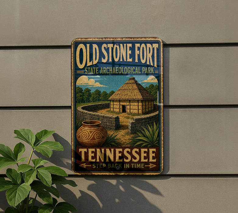 A vintage-style sign for Old Stone Fort State Archaeological Park in Tennessee, featuring a depiction of a thatched-roof hut and a decorative vase.