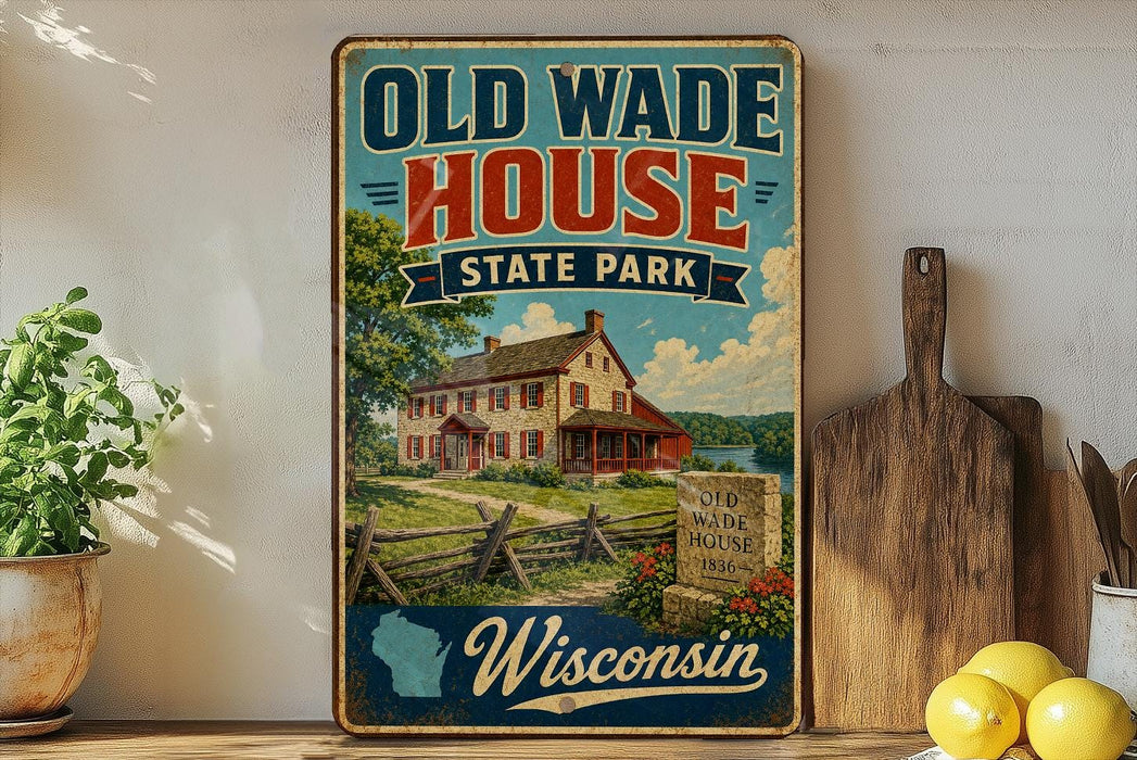 A vintage-style sign for Old Wade House State Park in Wisconsin, featuring a large illustration of a house surrounded by a wooden fence and a lake.