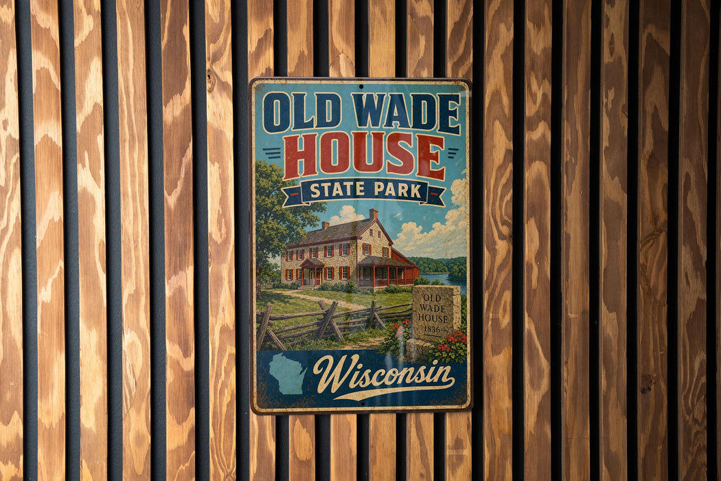 A vintage-style metal sign for Old Wade House State Park in Wisconsin, featuring an illustration of a house and a sign with the text "Old Wade House State Park" and "Wisconsin".