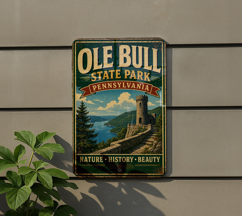 A vintage-style metal sign for Ole Bull State Park in Pennsylvania, featuring a castle and a scenic landscape.