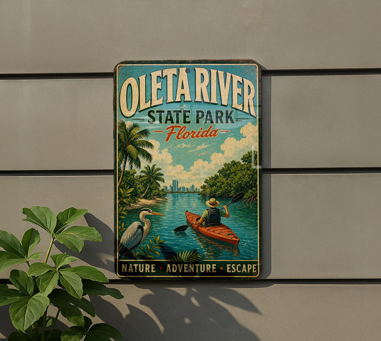 A vintage-style metal sign for Oleta River State Park, Florida, featuring a person kayaking on the river and palm trees in the background.