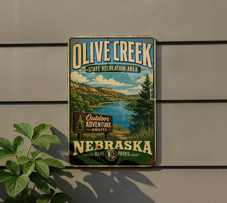 A vintage-style sign for Olive Creek State Recreation Area in Nebraska, featuring a scenic landscape with mountains, trees, and a lake.