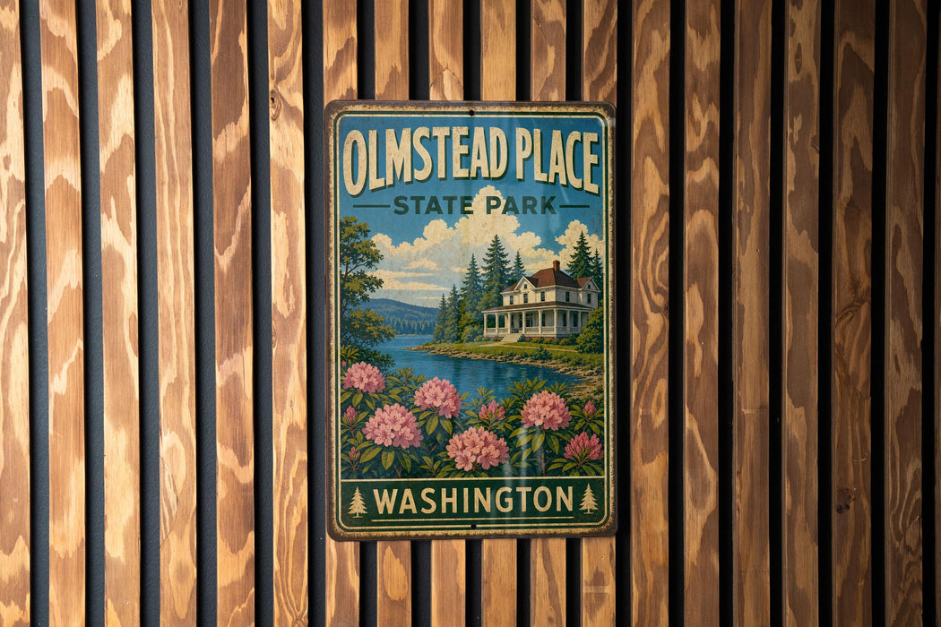 A vintage-style metal sign for Olmstead Place State Park in Washington, featuring a scenic landscape with a house, flowers, and a lake.