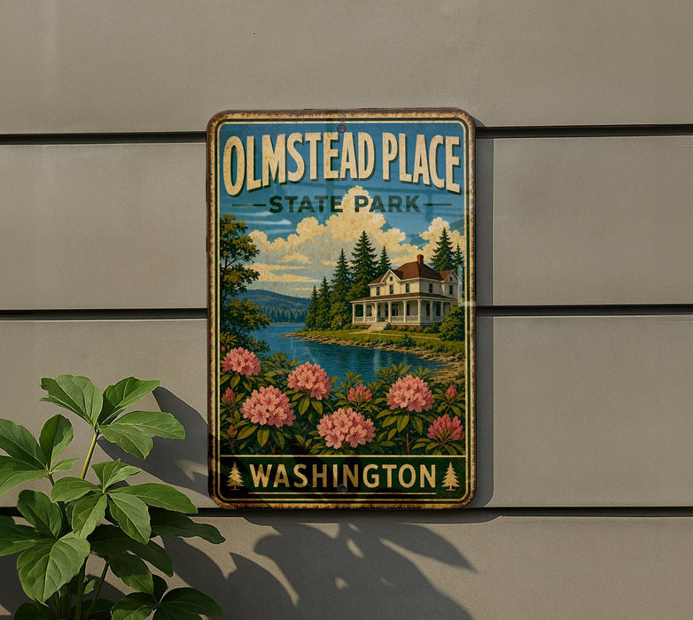 A vintage-style metal sign for Olmstead Place State Park in Washington, featuring a scenic landscape with a house, flowers, and a lake.