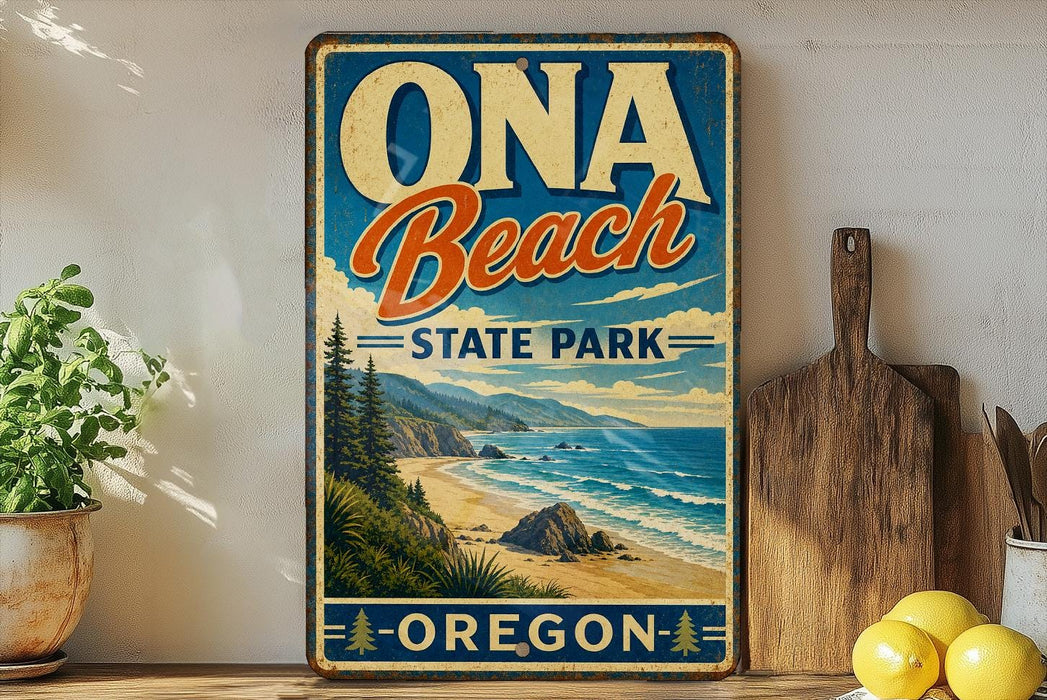 a vintage-style sign for Oona Beach State Park in Oregon, with a scenic beach landscape and mountains in the background.