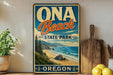 a vintage-style sign for Oona Beach State Park in Oregon, with a scenic beach landscape and mountains in the background.