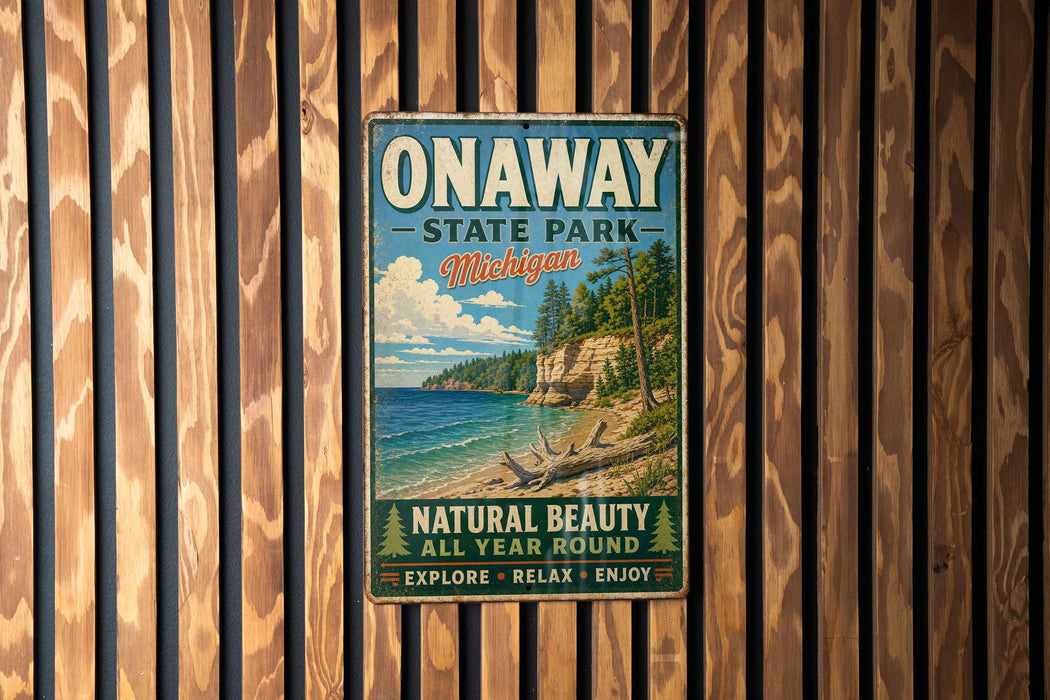 A vintage-style metal sign for Onaway State Park in Michigan, featuring a scenic beach landscape with pine trees and a lake.