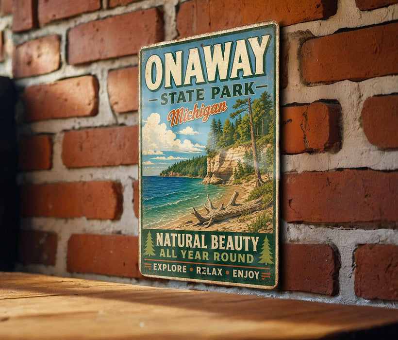 A vintage-style metal sign for Onaway State Park in Michigan, featuring a scenic landscape with a beach, mountains, and a lake.