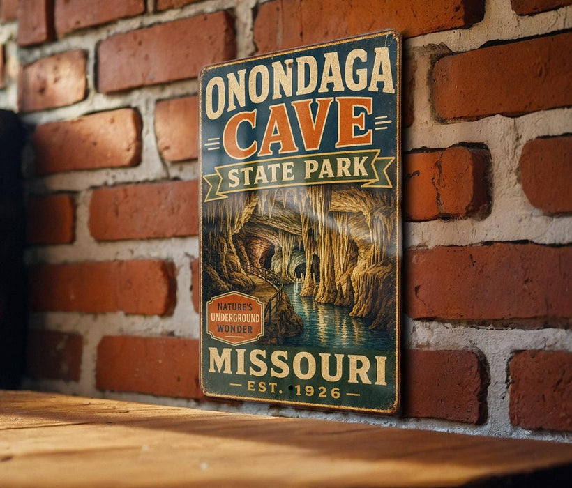 A vintage-style sign for Onondaga Cave State Park in Missouri, featuring a cave illustration and the text "Missouri" and "Est. 1926".