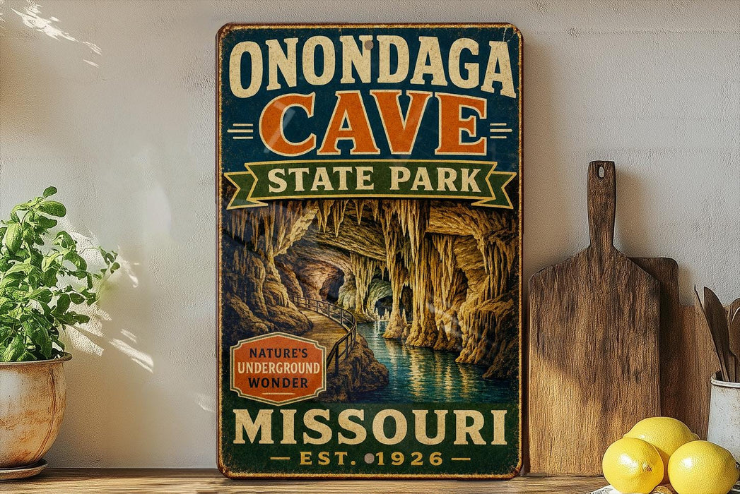 A vintage-style sign for Onondaga Cave State Park in Missouri, featuring an illustration of the cave and the text "Onondaga Cave State Park" prominently displayed.