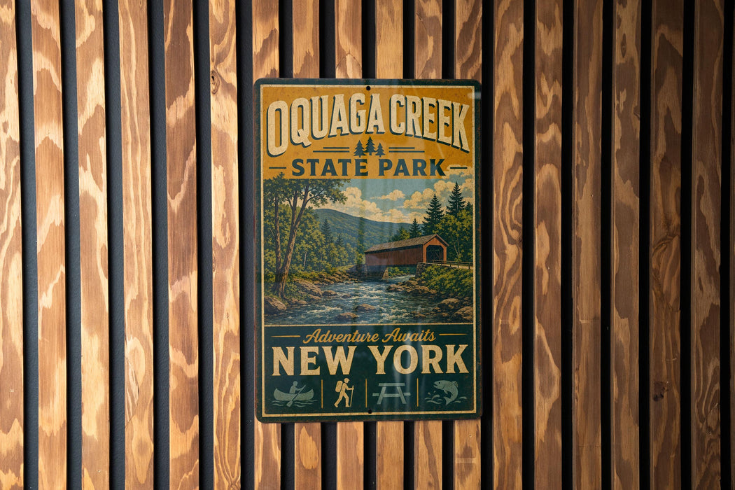 A vintage-style metal sign for Quagga Creek State Park, featuring a scenic illustration of a bridge and a river, mounted on a wooden wall.