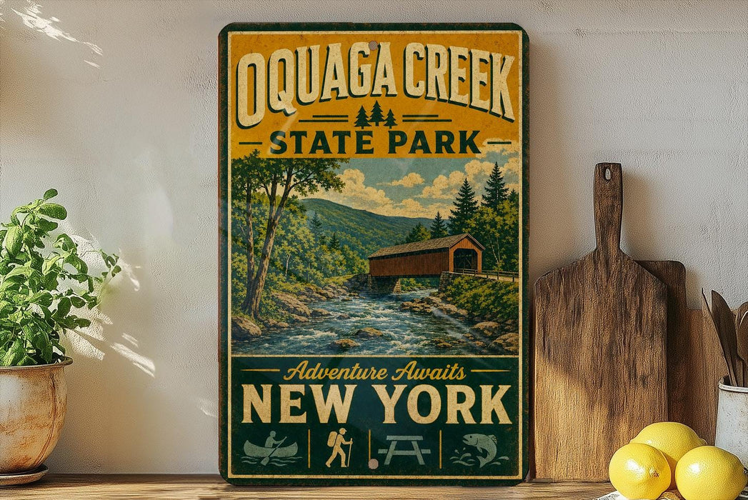 A vintage-style sign for Quagga Creek State Park, featuring a scenic illustration of a covered bridge and a river flowing through a forested landscape.