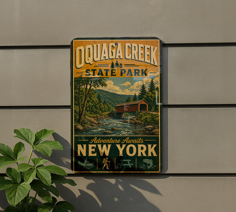 A vintage-style metal sign for Quagga Creek State Park, featuring a scenic illustration of the creek and surrounding landscape, with the text "Adventure Awaits New York" and "Oquaga Creek State Park".
