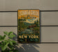A vintage-style metal sign for Quagga Creek State Park, featuring a scenic illustration of the creek and surrounding landscape, with the text "Adventure Awaits New York" and "Oquaga Creek State Park".