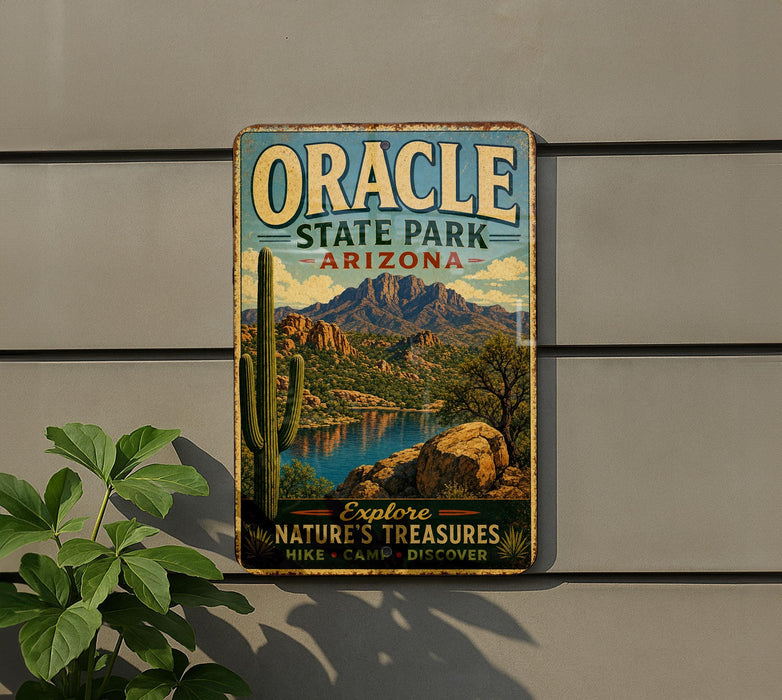 A vintage-style metal sign for Oracle State Park in Arizona, featuring a desert landscape with mountains, cacti, and a lake.